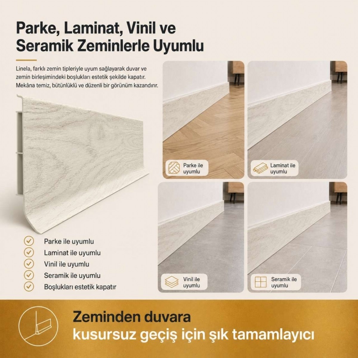Linela Suya Dayanıklı Pvc Süpürgelik 8 cm - Auckland Meşe - LNL404